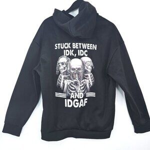 Black Oversized Hoodie Stuck Between IDK IDC & IDGAF Skeleton Graphic Pullover U
